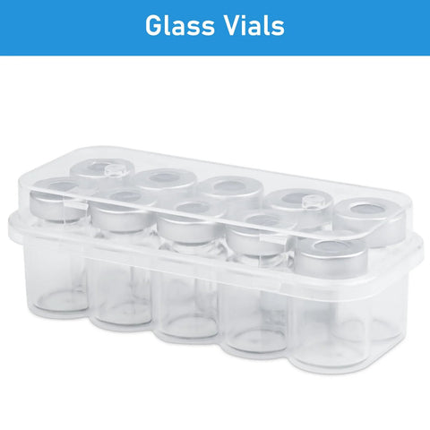 Ten 5ml glass injection vials, empty, with silver caps in a clear plastic rack