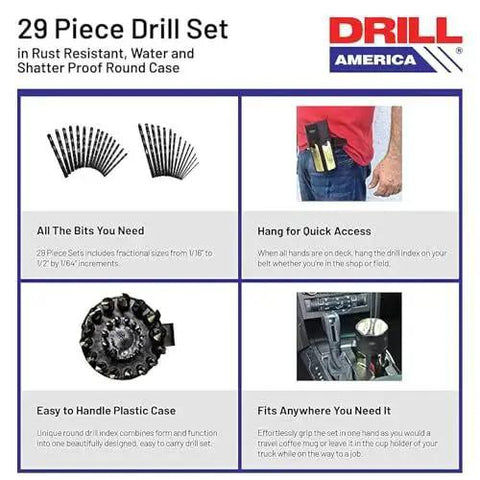 Heavy Duty HSS Drill Bit Set 29 Piece Workhorse With Black And Gold Finish In Round Case for Wood, Metal, Plastic - Drill America