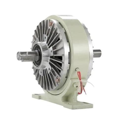 Angled side view of a magnetic powder brake with base; pale green housing and round finned rotor.