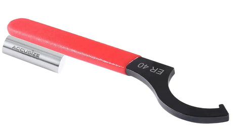 ER40 Collet Nut Wrench Pro Grade Adjustable Tool With Extended 8.267 Inch Handle, red ergonomic grip, side view.