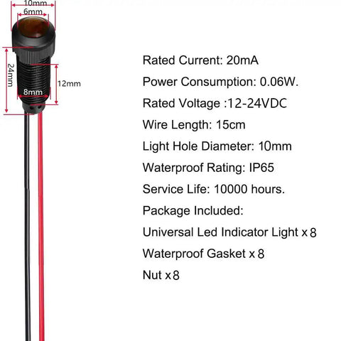 Eight Piece LED Indicator Pilot Lights Set Red Blue Green White For Panel Mount 8mm Hole AC DC 12 24V Flame Retardant Plastic