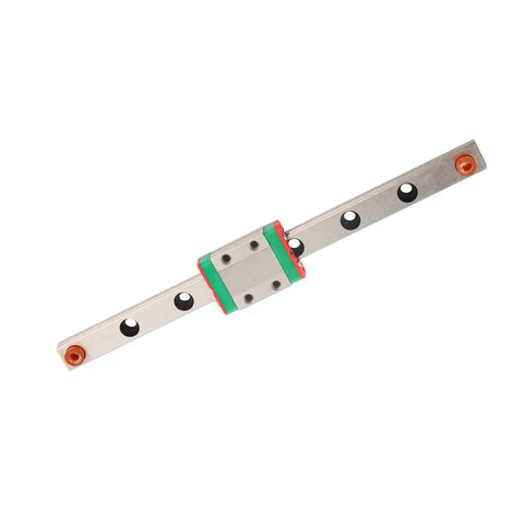 Mini Linear Motion Rail 9mm Wide Block For Small Equipment, silver rail with green block, ball retainer design, horizontal view