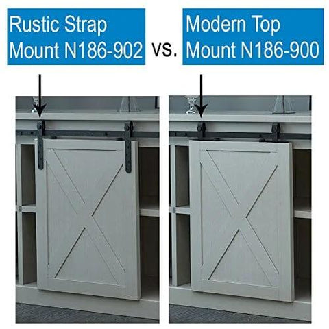 Comparison of Rustic Strap Mount N186-902 and Modern Top Mount N186-900 on sliding cabinet doors