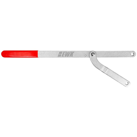 EWK universal camshaft pulley holder tool with red grip and curved locking arm, side view.