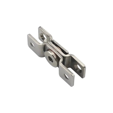 Close-up of silver damping torque hinge with two mounting flanges and central pivot pin