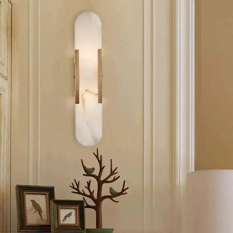 Backplate Sconce With Alabaster Shade Modern Bathroom Wall Light Sleek Design and Thick Backplate Wrapped Center on wall