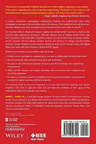 Back cover of the book 'Ten Essential Skills for Electrical Engineers A Practical Interview Prep And On The Job Performance Guide That Covers Core Tech Know How Problem Solving Design Testing And Collaboration To Help You Ace Your Next Career Move' with text and barcode.