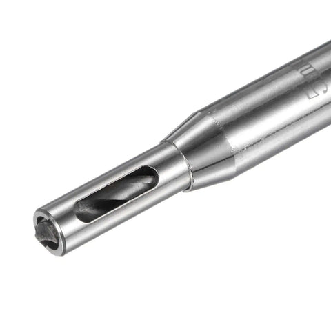 Close-up of Self Centering Hinge Tapper Core Drill Bit Set Pro Grade with one quarter inch hex shank in silver tone, 5 mm diameter, 110 mm length.