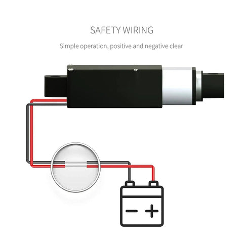 Wiring diagram for Compact 25mm Stroke Linear Actuator, 40N 8.81 Lbs Force, IP54 Aluminum Body, connected to battery.