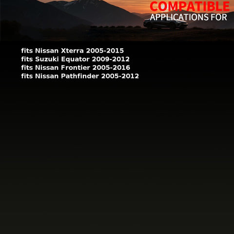 Compatible applications for Nissan Xterra, Suzuki Equator, Frontier, Pathfinder 2005-2016 shown at sunset over mountains.