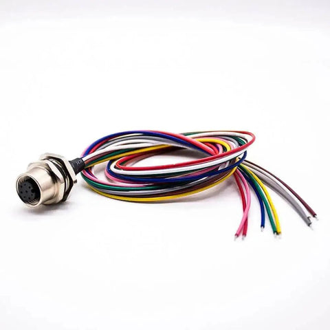 Waterproof M12 8 Pin Sensor Receptacle Connector A Coded Aviation Socket with multi-color wires on white background