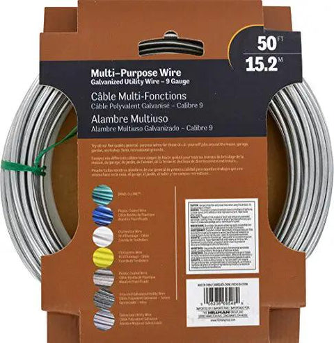 9 Gauge Galvanized Solid Wire Cable 50 Feet Corrosion Resistant For Craft And DIY Projects visualized in packaging with usage information.