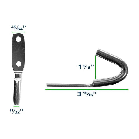 Rope Binding Hooks 2 Pack Open End 1-1/16 Inch for tarp anchors and tie downs, steel hooks with dimensions shown