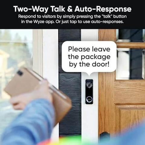 Battery Powered Video Doorbell Camera With 1-To-1 Head-To-Toe View installed on a door, person holding package, 2-Way Audio feature shown