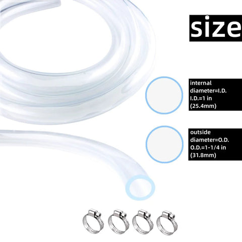 Amazon PVC tubing, 1 in ID x 1-1/4 in OD, clear vinyl hose with four stainless clamps; two coils shown.