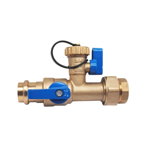 Brass 3/4 in tankless water heater isolation valve with blue lever, pressure relief valve, female threaded x press