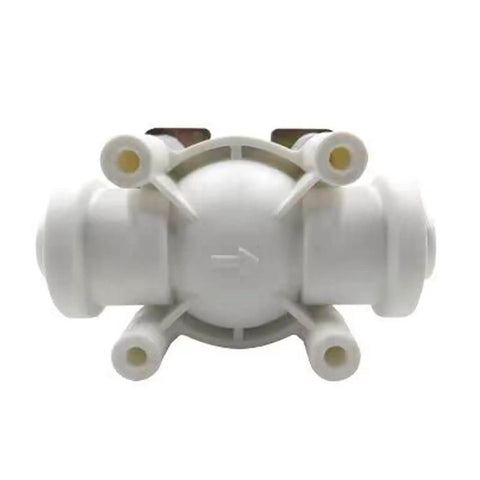Front view of DC 12V Solenoid Valve NC Normally Closed For Water Inlet With G1/2 Inch Male Thread, white plastic body