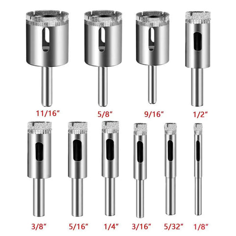 Diamond Drill Bits For Glass 10 Piece Hole Saw Set With Industrial Grade Grit For Glass Ceramic Tile Marble Pots Bottles And More Cutting Applications One Eighth To Eleven Sixteenths Inch shown in multiple sizes.