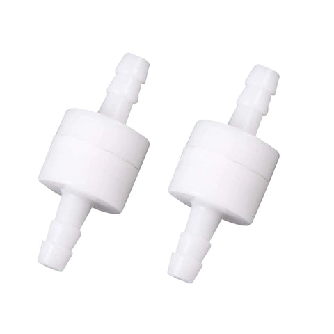 Two white Quickun 1/4-inch inline check valves with barbed hose ends, ozone-resistant plastic