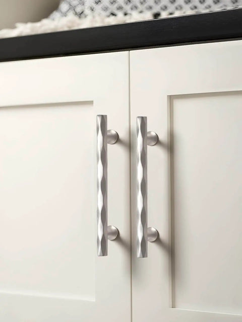 Hammered Silver Brushed Nickel Cabinet Pulls 5 Inch Hole Center 10 Pack for Kitchen Cabinets Bathroom Vanities Dressers Cupboards With Rhombus Design By JIASENBAO installed on white cabinet doors