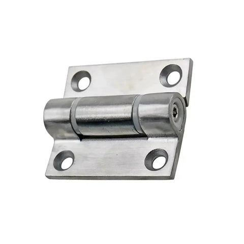 Stainless steel door hinge with adjustable torque; four-hole mounting plate.