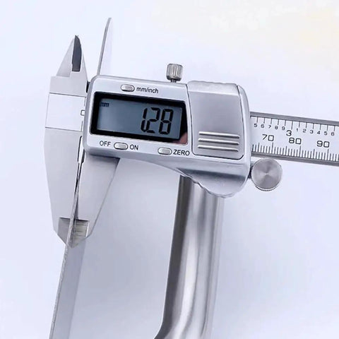 Digital caliper measuring thickness of Stainless Steel Door Plate Handle Heavy Duty Pull Push For Indoor Outdoor Use 7.9 Inch By 2.6 Inch Oval Backplate D Style Handle Pack Of 2 Suitable For Fire Doors Sliding Barn Doors Shed And Commercial Applications