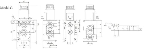 Technical drawing of Hydraulic Solenoid Selector Diverter Valve for switching oil circuits, Model C, with 7/8 14 UNF ports.