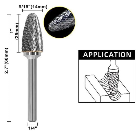 Beefy Carbide Burr Bit Tree Shape Double Cut 9/16 Inch Head 1/4 Inch Shank Rotary File for Die Grinders Tungsten Steel