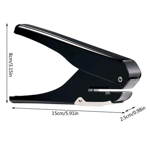 Portable Oval Hole Puncher 1 Inch Hole Size, 10 Sheets Capacity, black design, side view with measurements, adjustable punch tool.