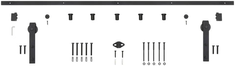 78-3/4 Inch Bent Strap Barn Door Hardware Kit for Doors Up to 36 Inches, Oil Rubbed Bronze, showing all mounting hardware, screws, and track.