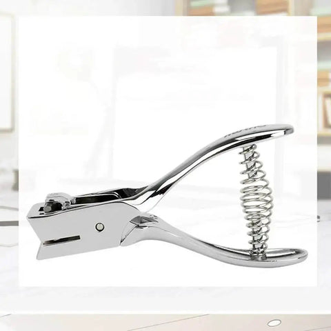Heavy Duty Single Oval Hole Puncher for Scrapbooking Handheld Paper Cutter With Clear Alignment Window, chrome finish shown in side view.