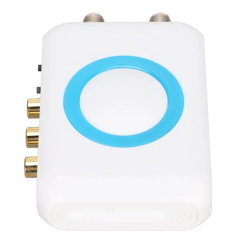 Top view of Plug And Play RF Modulator For Home Theater And TV, white and blue design, supports PAL and NTSC output, durable ABS build.