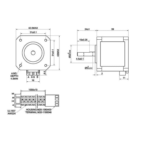 Technical drawing of Three Pack Nema 17 Stepper Motors 1.5A 12V High Torque 45Ncm 63.74 Oz In 4 Lead 39mm Body With 1m Cable And Connector