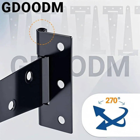Close-up of 12 Pack 4 Inch T Strap Hinges Black For Shed Barn Gates and Fences, showing rustproof tee hinge design.