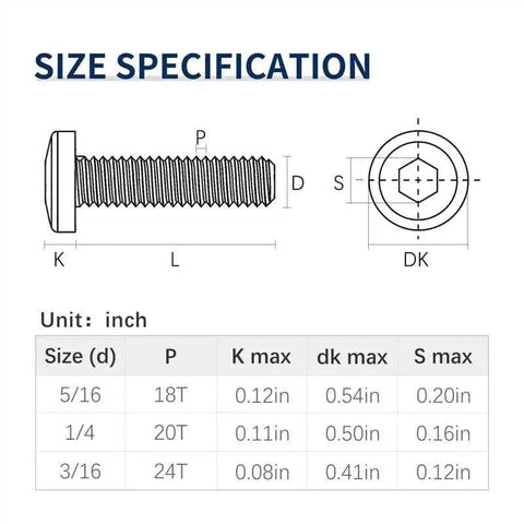 Size specification chart for 304 Stainless Steel 1/4-20 X 1 Flat Head Hex Socket Cap Screws Bolts, showing measurements in inches.