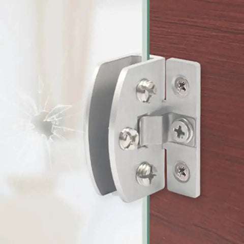 No Drill Glass Door Hinge Clip For Cabinets And Display Cases Zinc Alloy Hardware Self Clamping U Design installed on glass and wood