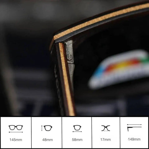 Close-up of Retro Wood Polarized Sunglasses With Bamboo Case For Men And Women Unique Natural Wood Frames Ebony Finish dimensions