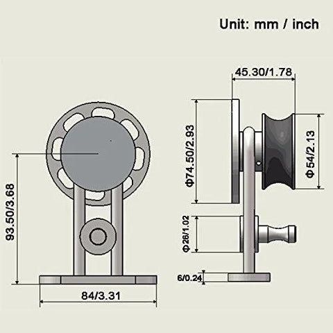 Technical diagram of a Stainless Steel Sliding Barn Door Hardware Kit roller with measurements in both mm and inches