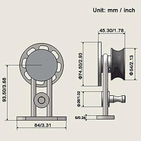 Dimensions and side view of rollers for Fortune Stainless Steel Sliding Barn Door Hardware Kit 10 Ft Track Set For Single Door.