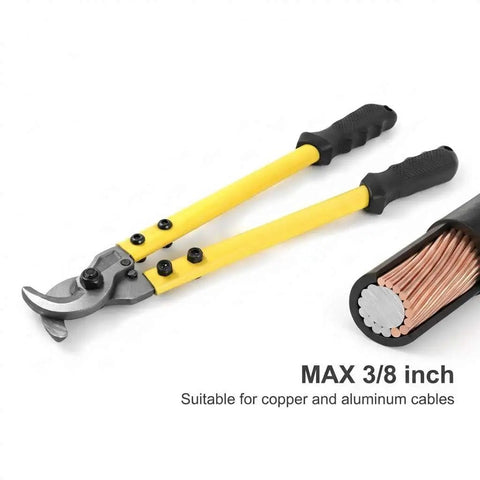 Heavy Duty 14 Inch Wire Cutter For 40 Gauge Cables With Forged Steel Blades shown with non-slip grips and copper wires.