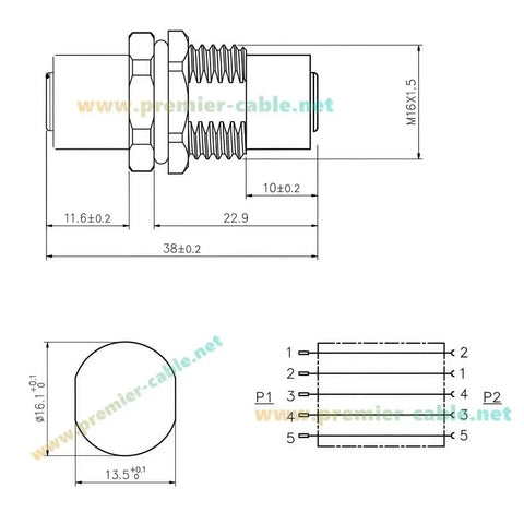 Technical diagram of Rugged M12 B Code 5Pin Male To Female Bulkhead Connector IP67 Panel Mount Pass Thru Shielded Circular Socket.