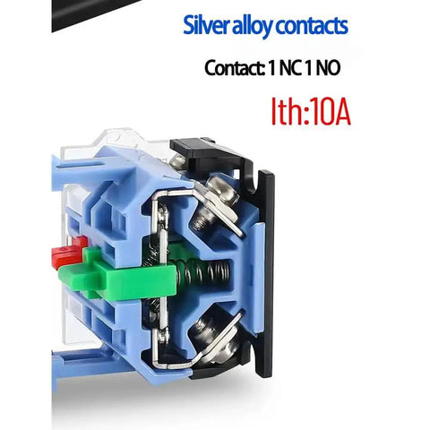 Internal view of Green Yellow 22mm Emergency Stop Button Switch No Nonsense Momentary Push Button E Stop Button 1NO 1NC 10A 660V ABS