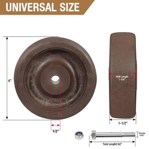 4-inch caster wheels set with hi-temp nylon/glass wheel, brown, 4-pack with mounting bolt and nut