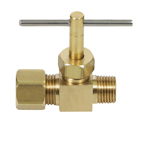 Needle valve, brass lead-free, 1/4 in compression x 1/8 in MIP, T-handle, front view