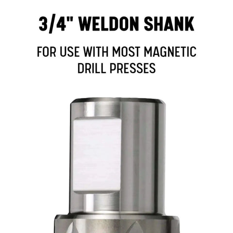 Close-up of Five Eighth Inch By One Inch High Speed Steel Annular Cutter DWC Series with 3/4 inch Weldon shank for magnetic drills.
