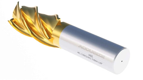 7/8 Inch End Mill With 3/4 Inch Shank 1-7/8 Inch Flute Length 4-1/8 Inch Overall Length HSS Finishing Tin Coated 4 Flute Center Cutting Right Hand Spiral End Mill 1400-3218 Accusize Industrial Tools