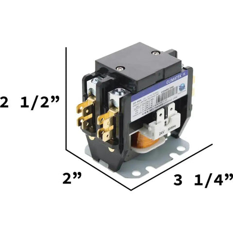Two Pole AC Contactor With 40 Amp 24V Coil For HVAC Systems, heavy duty, silver alloy contacts, dimensions shown, front side view