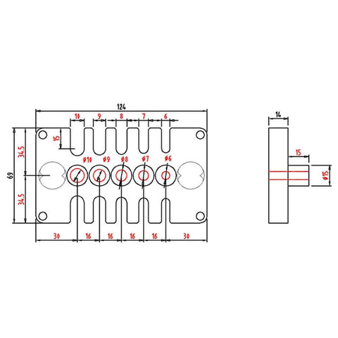 Technical drawing of Heavy Duty 3 In 1 Drill Guide Block For Woodworking With Aluminum Alloy Hole Locator Dowel Jig And Precise Positioning Tool