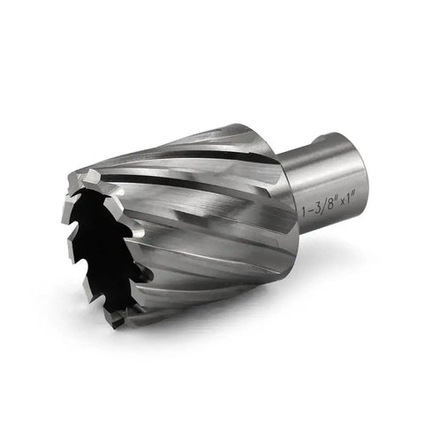 Slugger Annular Cutter Kit for Magnetic Drill Press, 1-3/8 Inch Cutting Diameter, 3/4 Weldon Shank, close-up of cutting tool.