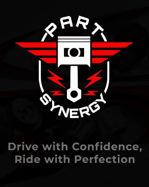 Logo with piston, red wings, and 'Part Synergy' text, with 'Drive with Confidence, Ride with Perfection' slogan underneath.